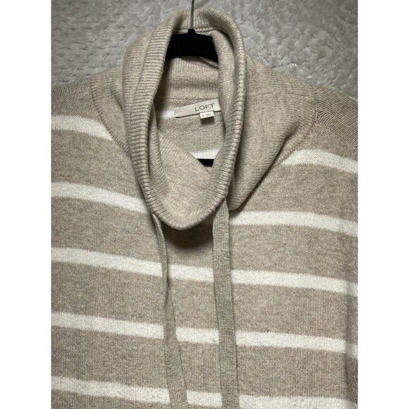 Loft Beige Striped Sweater Hoodie Size M Pockets Cowl Neck - Picture 3 of 9